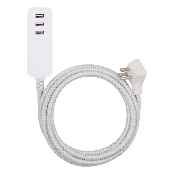 37920 – JASCO Extension Cord, 3 Prong/ 3 USB Port 3.4 Amp 10 Foot Length White/ Gray Without Plug Head Handle UL Appr...